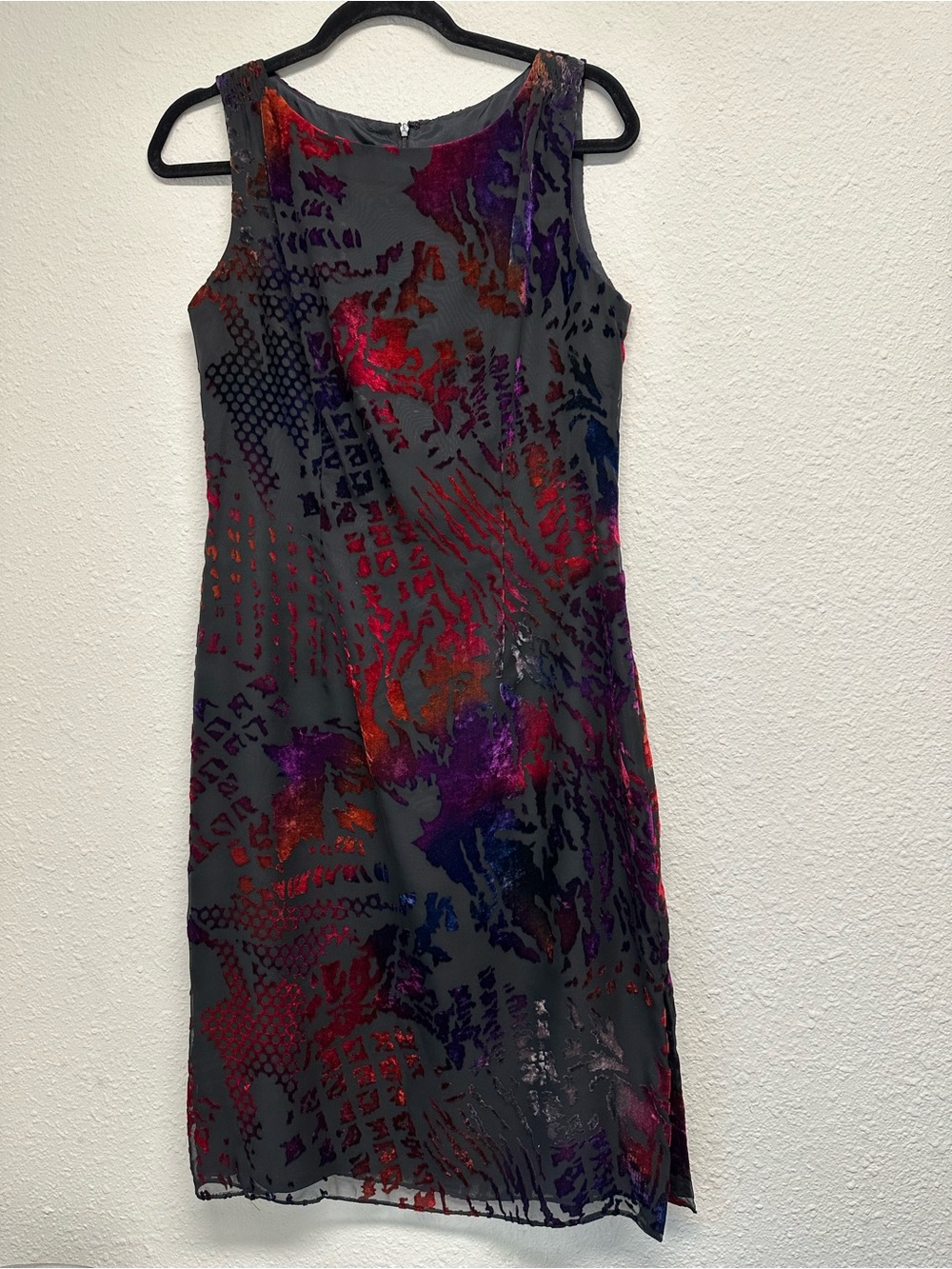 Vintage Black Mini Dress with Red & Purple Velvet Burnout Abstract Accents